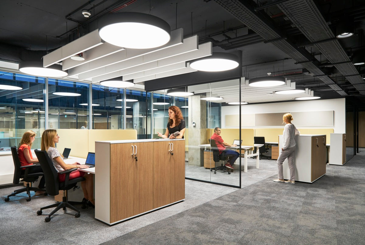 Modern open office space featuring our acoustic solution wall panel, Akusto